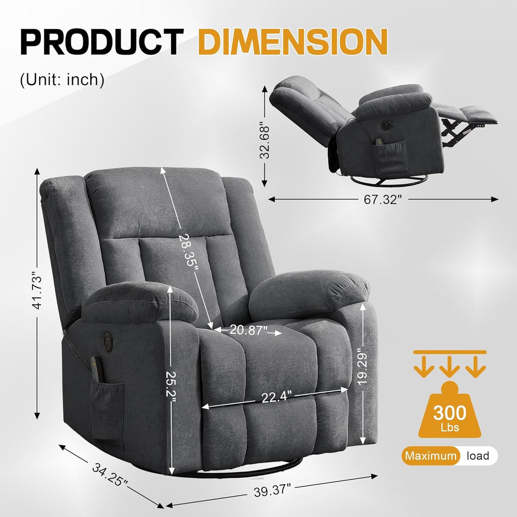 Rocker Recliner, Glider Recliner Chairs for Adults, 360° Swivel Rocking Chair with Massage and Heating, Nursery Chair with Storage and USB Charging for Living Room, Bedroom, Nursery - image 33