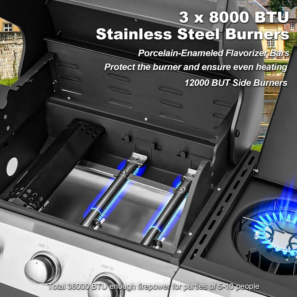 Upgraded 4 Burner BBQ Propane Gas Grill with Cast Iron Grates & Side Stove, 44,000 BTU Stainless Steel Burner Barbecue Grill 