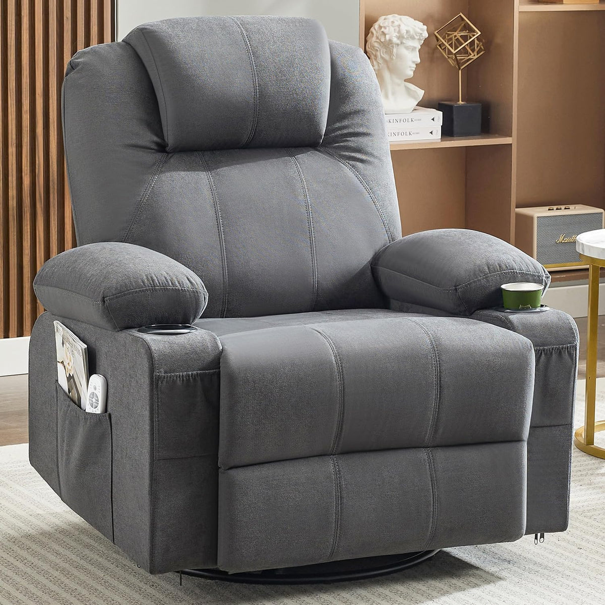 Oversized Swivel Rocker Recliner Chair with Heat and Massage, 360 Degree Swivel Rocking Single Sofa with Cup Holders and USB Port, Large Big Recliner Chair for Living Room (Leather, Brown) - image 1