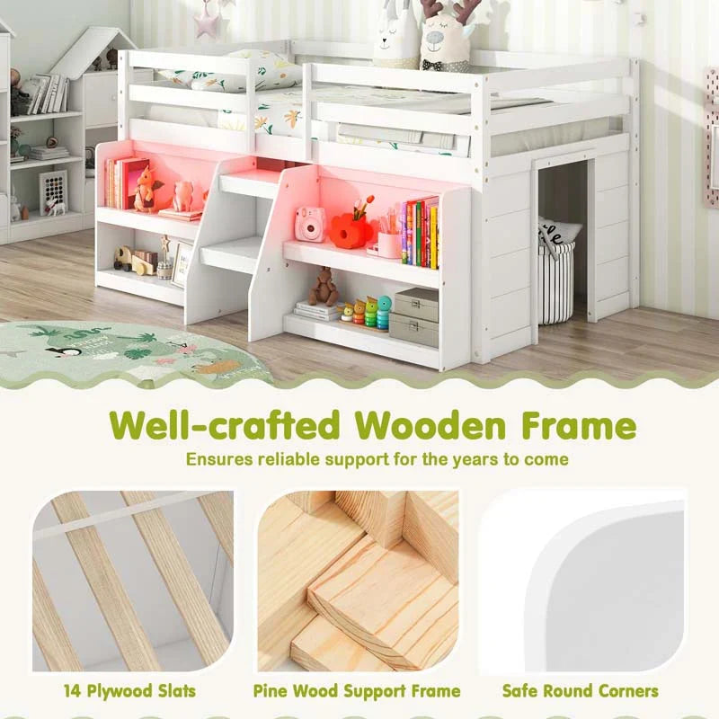 Kids Twin Size Loft Bed with LED Lights, Stairs & Safety Guardrail, Storage Bookcase and Under-bed Play Space - image 17