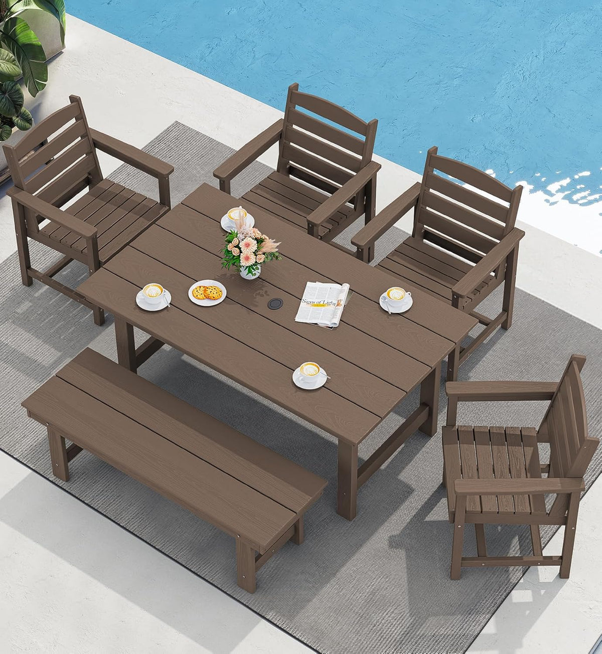 SERWALL 7-Piece Patio Table Set, Outdoor HDPE Dining Furniture with Umbrella Hole, All Weather Table and Chairs for Lawn, Garden, Poolside, Aruba - image 12