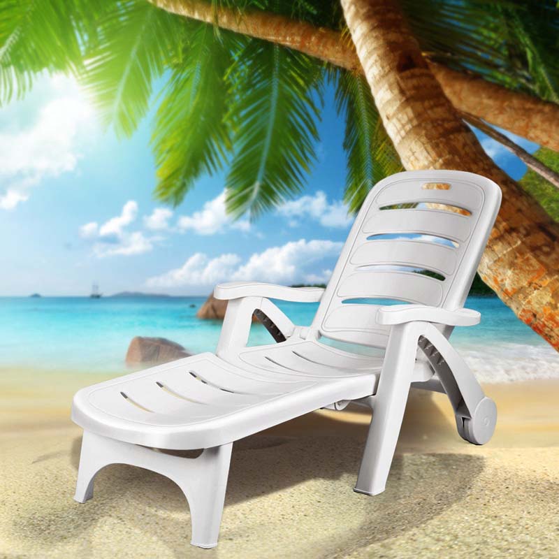 Rolling Folding Plastic Pool Lounge Chair With Armrests 5 Position Outdoor Sun Lounger Patio Deck Chair Beach Chair - Comfort