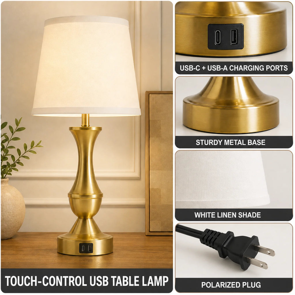 Set of 2 Gold Touch-Control Table Lamps with USB-C and USB-A Ports, White Linen Shades - image 5