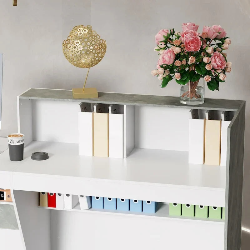 White Reception Desk with Computer Surface and Four Shelves - image 8