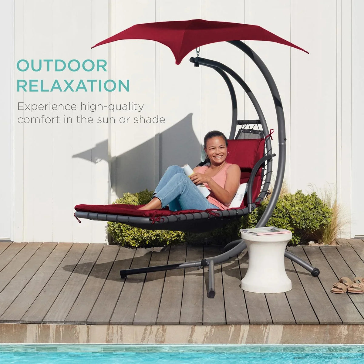Best Choice Products Outdoor Hanging Curved Steel Chaise Lounge Chair Swing w/Built-in Pillow and Removable Canopy - Charcoal