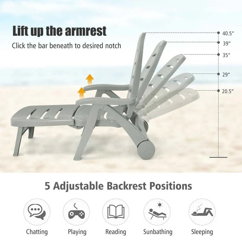 Rolling Folding Plastic Pool Lounge Chair With Armrests 5 Position Outdoor Sun Lounger Patio Deck Chair Beach Chair - Comfort