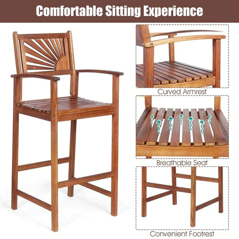 2 Pack Acacia Wood Bar Stools Outdoor Patio Bar Chairs With Sunflower Backrest Amp Curved Armrests - Comfortable And Ergonomi