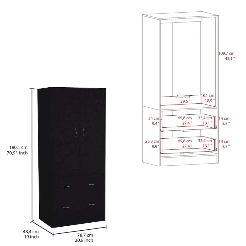30.9-Inch Contemporary Double-Door Armoire with Two Drawers and Hanging Rod for Bedroom Storage - image 12