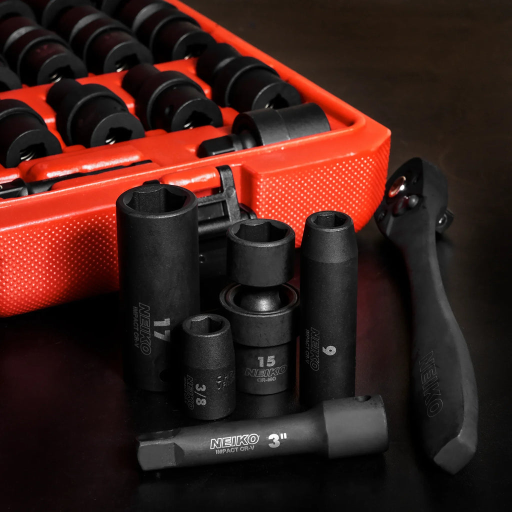 NEIKO 02471A Impact Socket Set, 3/8- Drive, 67 Piece, Metric and Standard Master Socket Set with Shallow & Deep Sockets, Ratchet, Swivel Sockets - image 5