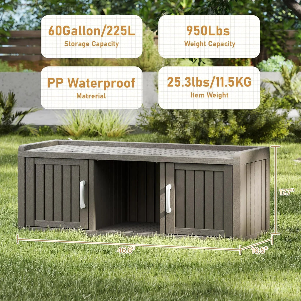KAMABOKO Outdoor Shoe Storage Cabinet, Waterproof UV-Resistant Entryway Storage Bench Indoor Outdoor with 2 Barn Doors, Adjus