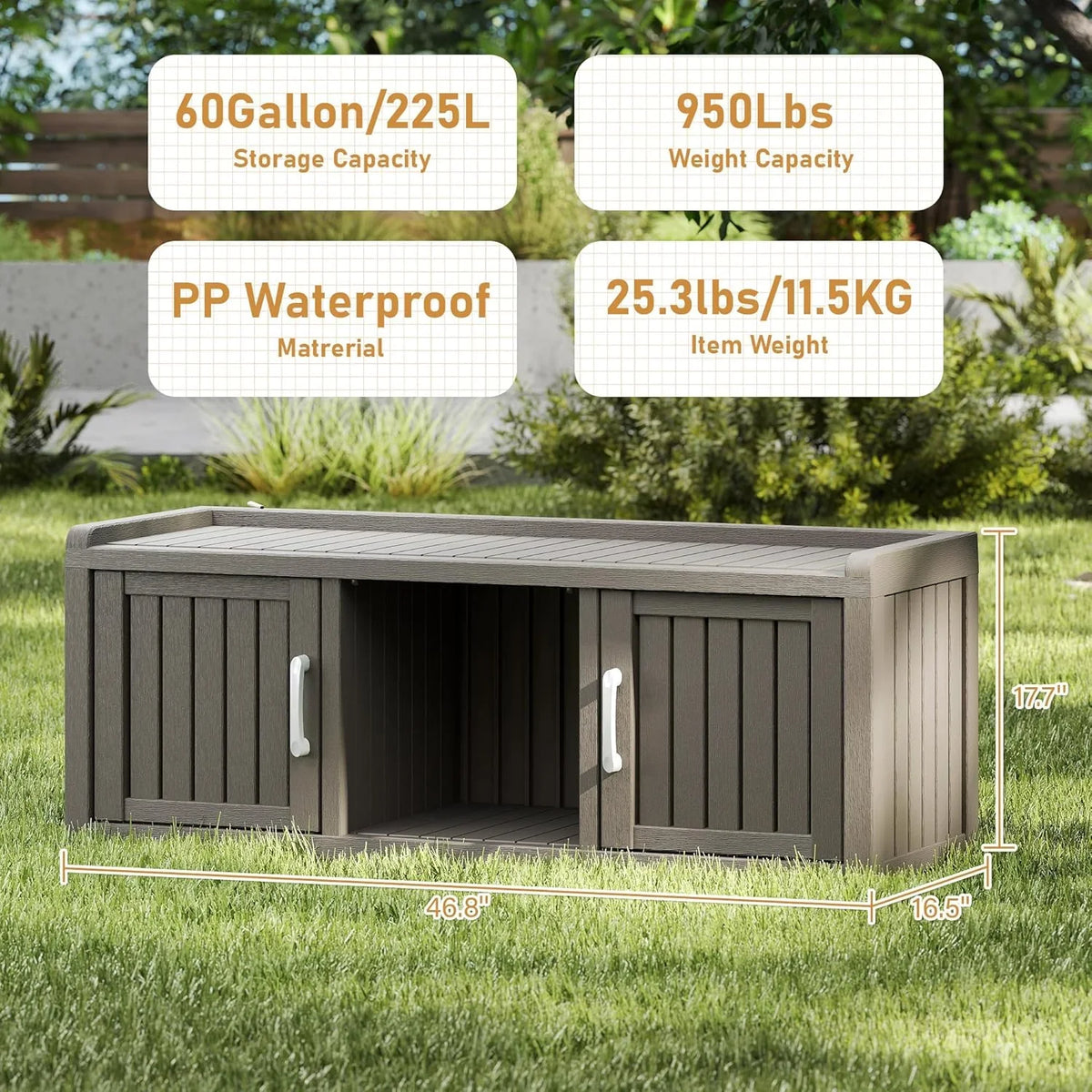 KAMABOKO Outdoor Shoe Storage Cabinet, Waterproof UV-Resistant Entryway Storage Bench Indoor Outdoor with 2 Barn Doors, Adjus