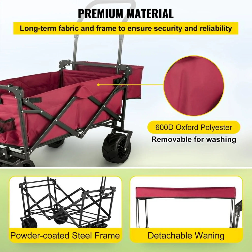 Red Collapsible Wagon Cart with Canopy, 360° Wheels, Adjustable Handles, 220 lbs Capacity for Beach & Garden
