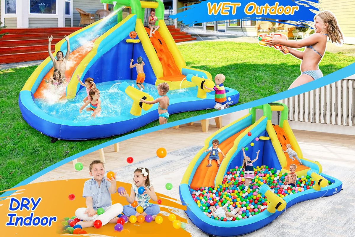 Inflatable Water Slides for Kids 8-in-1 Bounce House Water Park with 450W Blower Climbing Wall, Splash Pool, 2 Water Cannons,
