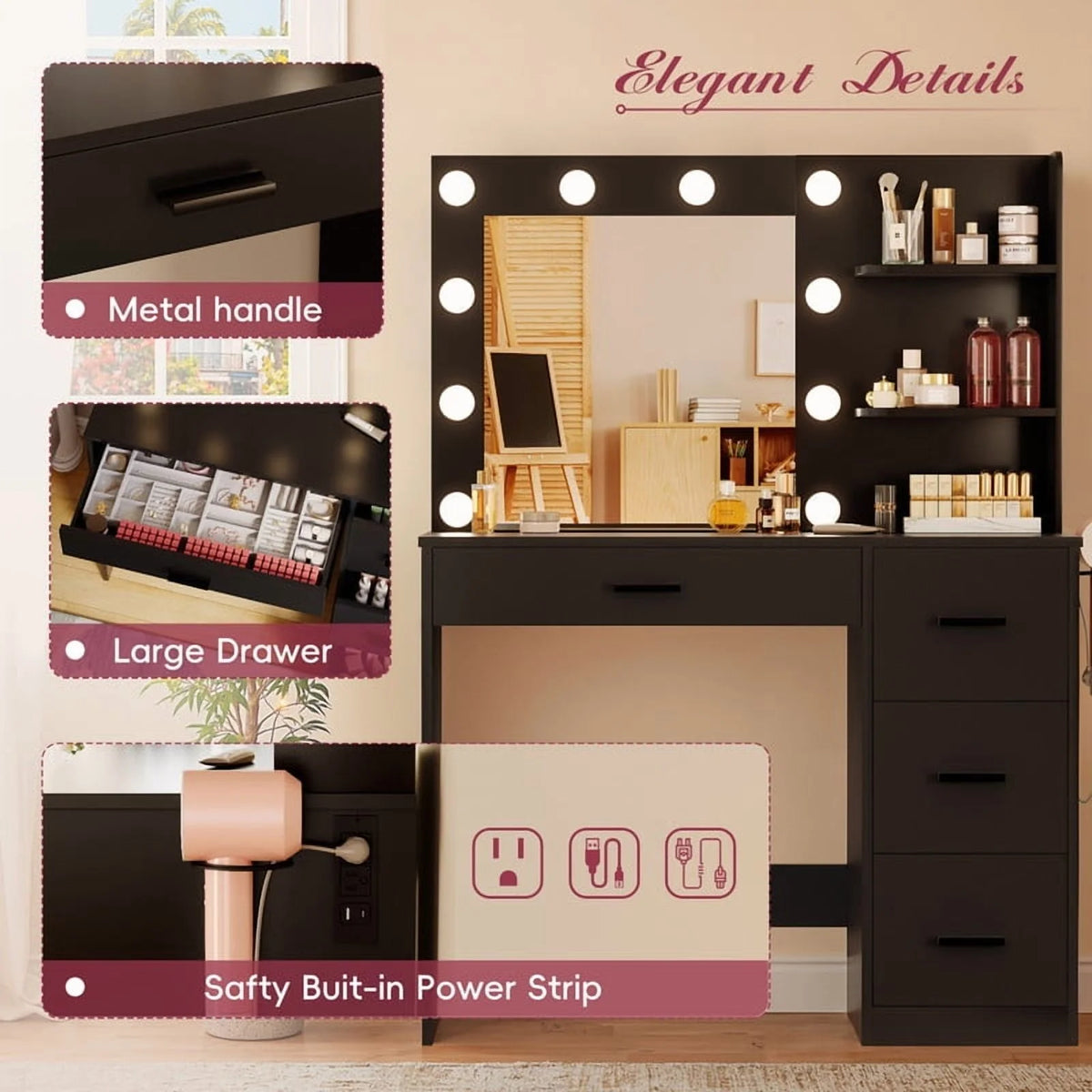 Lacoo Vanity Desk with Mirror and LED Lights, Makeup Vanity with 7 Drawers & 4 Shelves, Vanity Table with Power Outlet for Bedroom Dressing Room, White - image 28
