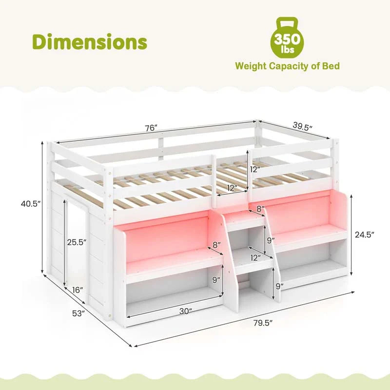 Kids Twin Size Loft Bed with LED Lights, Stairs & Safety Guardrail, Storage Bookcase and Under-bed Play Space - image 18