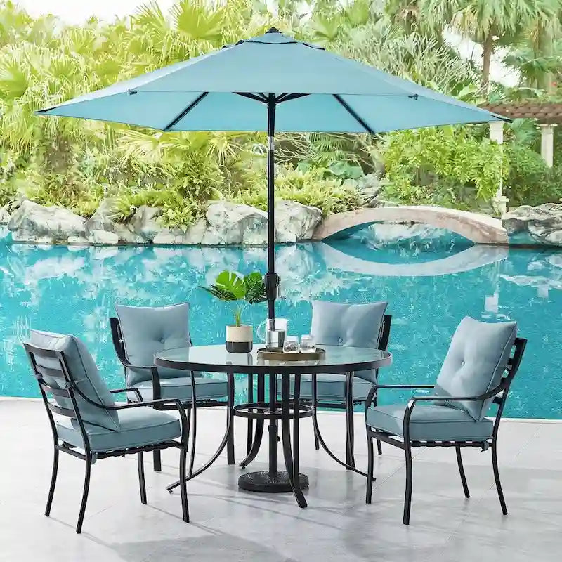 Hanover Lavallette 5-Piece Dining Set in Ocean Blue with 4 Stationary Chairs, 52-In. Round Glass-Top Table, Umbrella, and Base - image 10