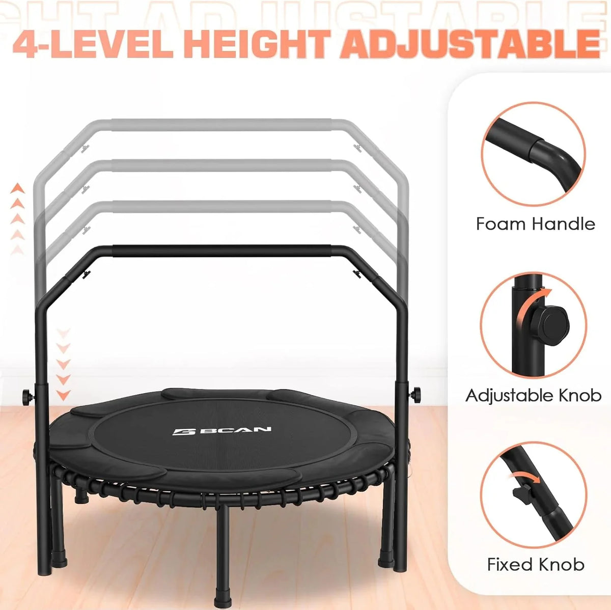 BCAN 450/550 LBS Foldable Mini Trampoline, 40"/48" Fitness Trampoline with Bungees, U Shape Adjustable Foam Handle, Stable & Quiet Exercise Rebounder for Adults Indoor/Outdoor Workout - image 37
