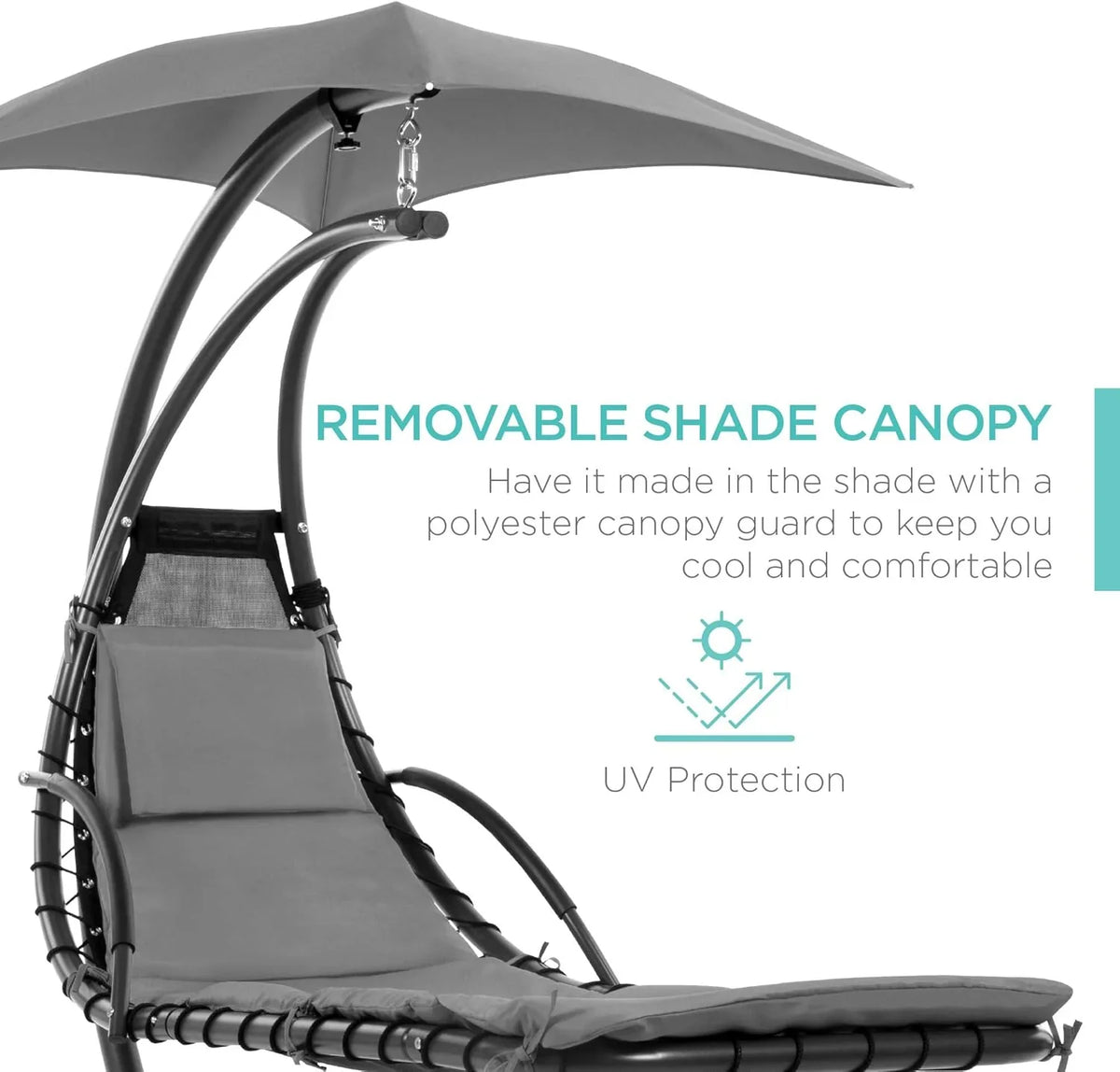 Best Choice Products Outdoor Hanging Curved Steel Chaise Lounge Chair Swing w/Built-in Pillow and Removable Canopy - Charcoal