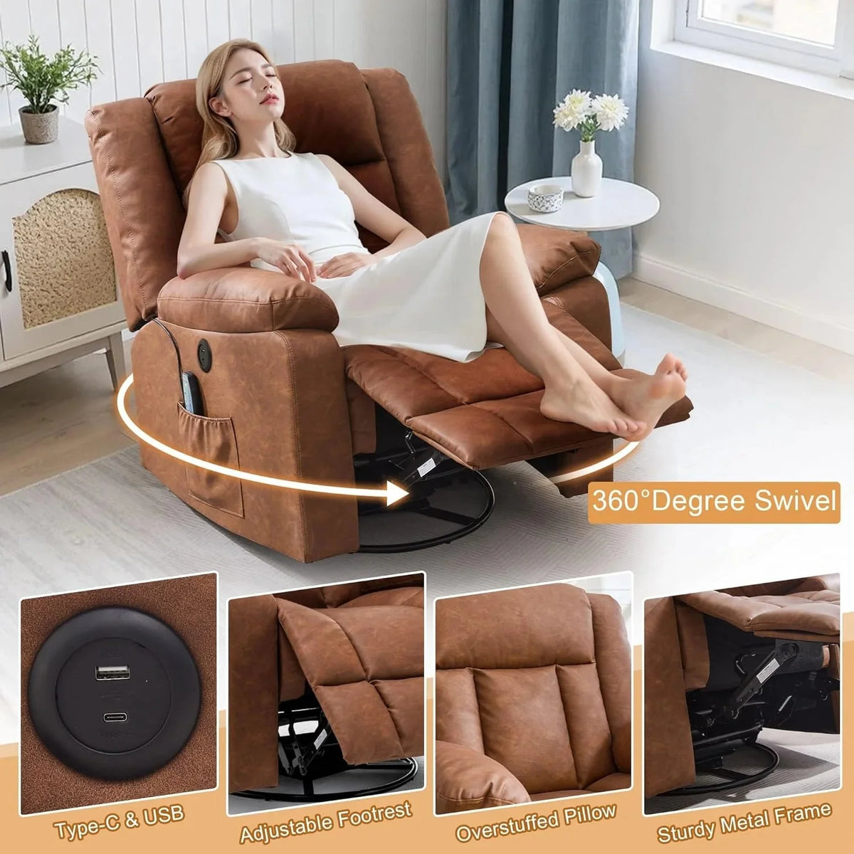 Rocker Recliner, Glider Recliner Chairs for Adults, 360° Swivel Rocking Chair with Massage and Heating, Nursery Chair with Storage and USB Charging for Living Room, Bedroom, Nursery - image 43