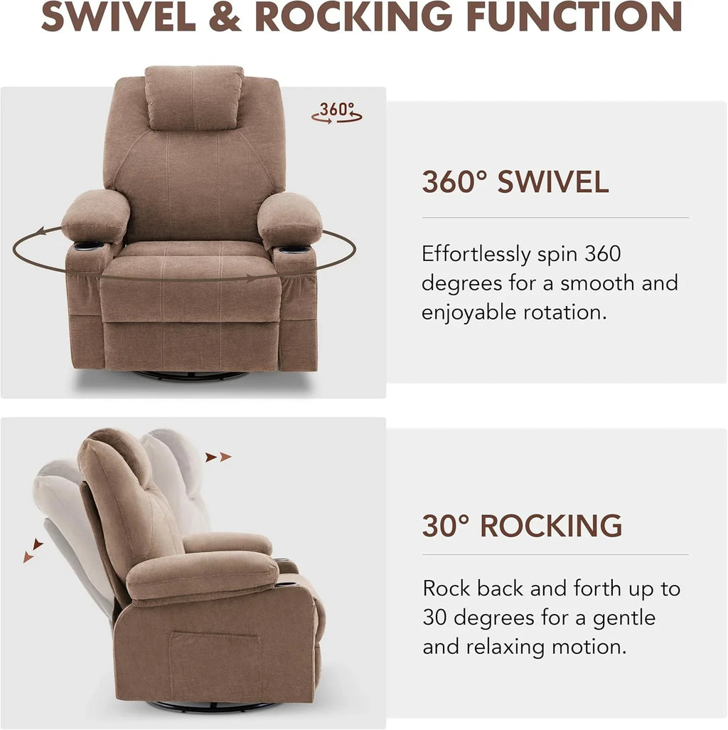 Oversized Swivel Rocker Recliner Chair with Heat and Massage, 360 Degree Swivel Rocking Single Sofa with Cup Holders and USB Port, Large Big Recliner Chair for Living Room (Leather, Brown) - image 8