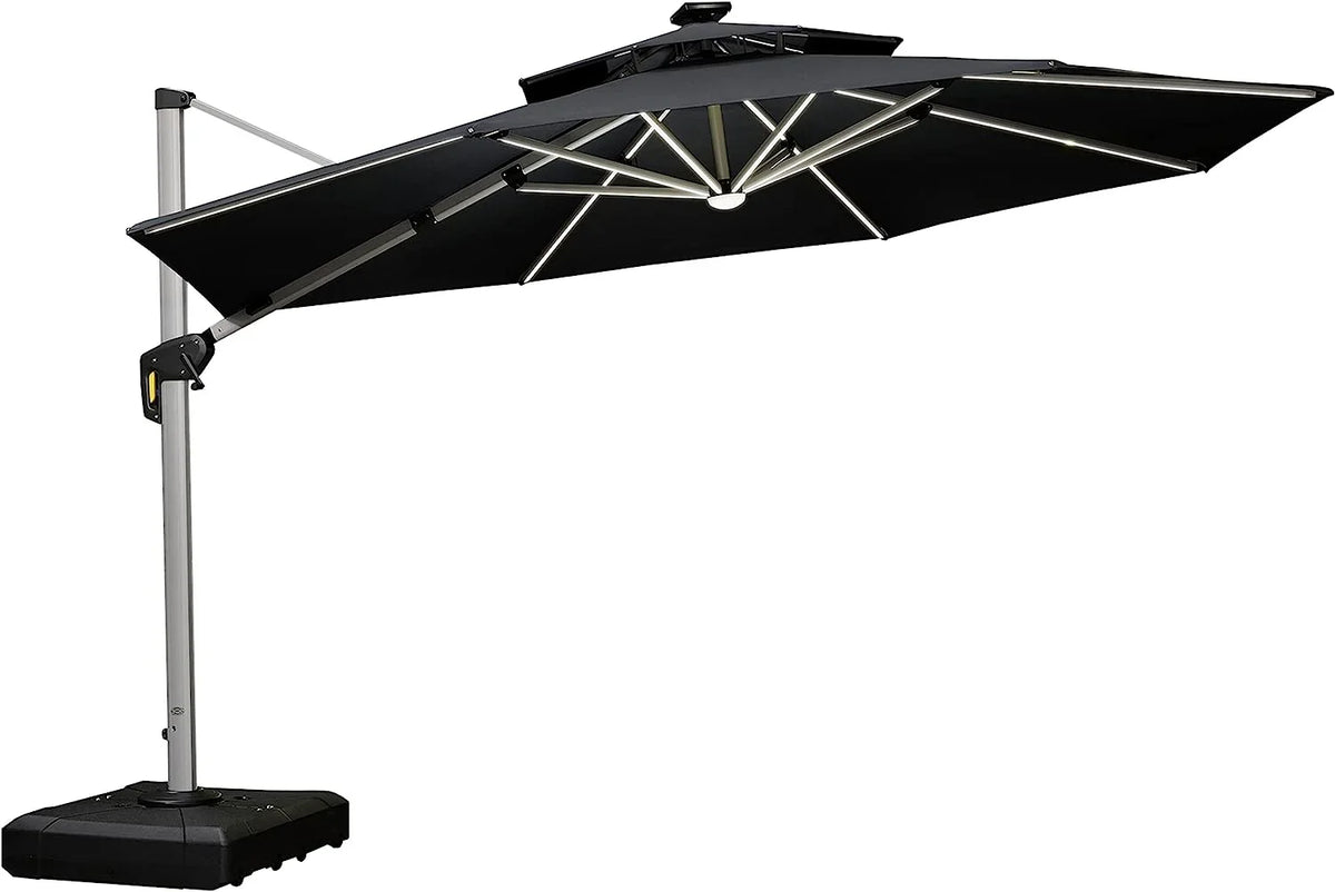 12ft Solar LED Patio Umbrella Outdoor Round Umbrella Large Cantilever Umbrella with LED Lights Windproof Bias Umbrella Heavy 