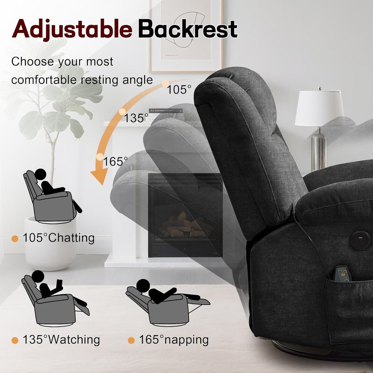 Rocker Recliner, Glider Recliner Chairs for Adults, 360° Swivel Rocking Chair with Massage and Heating, Nursery Chair with Storage and USB Charging for Living Room, Bedroom, Nursery - image 26