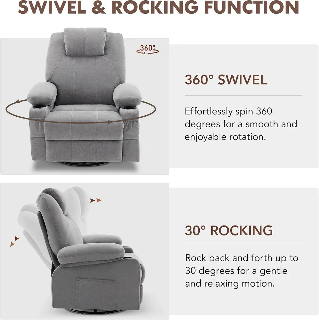 Oversized Swivel Rocker Recliner Chair with Heat and Massage, 360 Degree Swivel Rocking Single Sofa with Cup Holders and USB Port, Large Big Recliner Chair for Living Room (Leather, Brown) - image 32