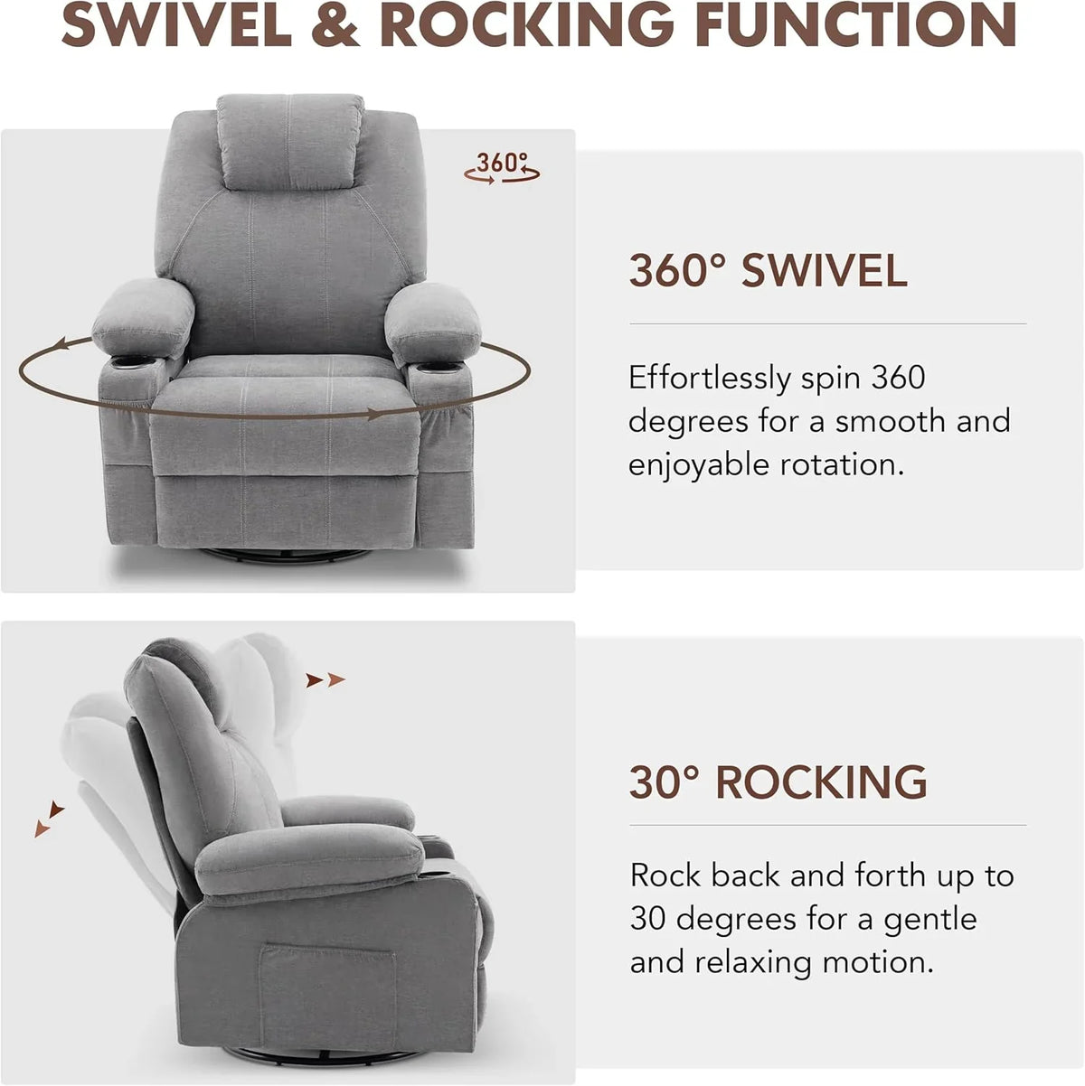 Oversized Swivel Rocker Recliner Chair with Heat and Massage, 360 Degree Swivel Rocking Single Sofa with Cup Holders and USB Port, Large Big Recliner Chair for Living Room (Leather, Brown) - image 32