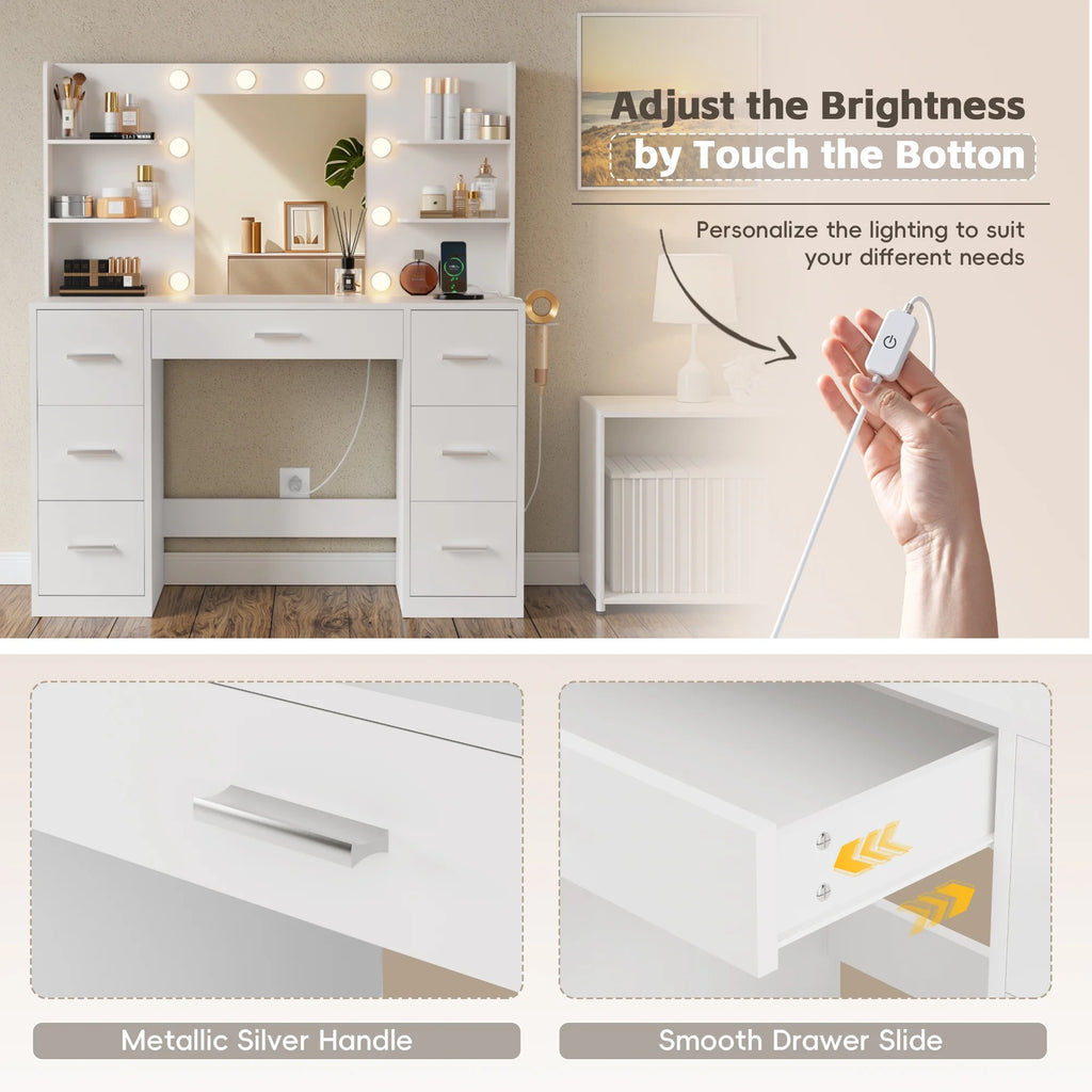 Lacoo Vanity Desk with Mirror and LED Lights, Makeup Vanity with 7 Drawers & 4 Shelves, Vanity Table with Power Outlet for Bedroom Dressing Room, White - image 10