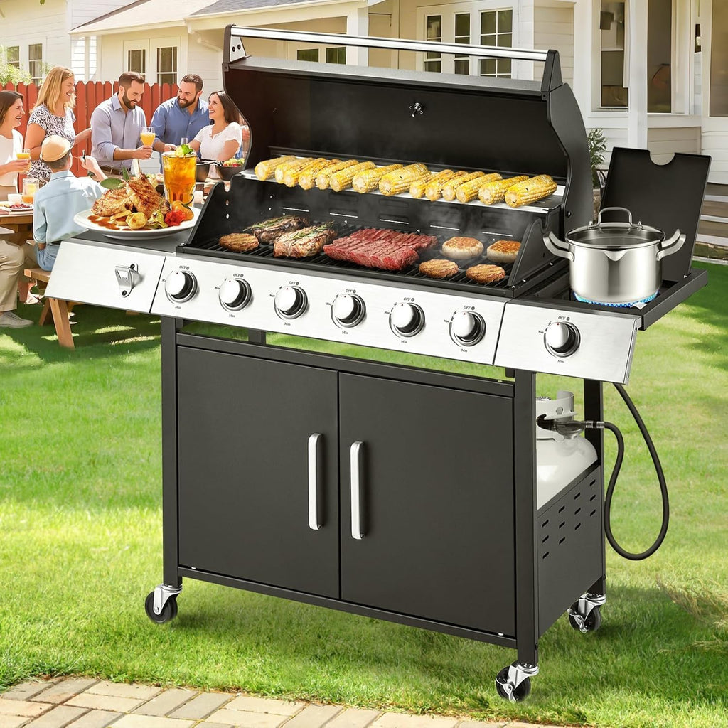 Upgraded 4 Burner BBQ Propane Gas Grill with Cast Iron Grates & Side Stove, 44,000 BTU Stainless Steel Burner Barbecue Grill 