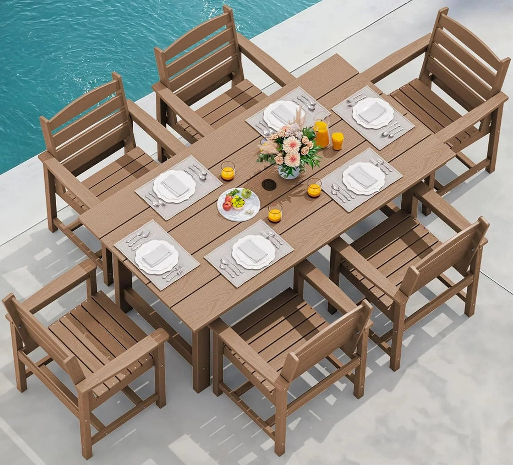 SERWALL 7-Piece Patio Table Set, Outdoor HDPE Dining Furniture with Umbrella Hole, All Weather Table and Chairs for Lawn, Garden, Poolside, Aruba - image 83