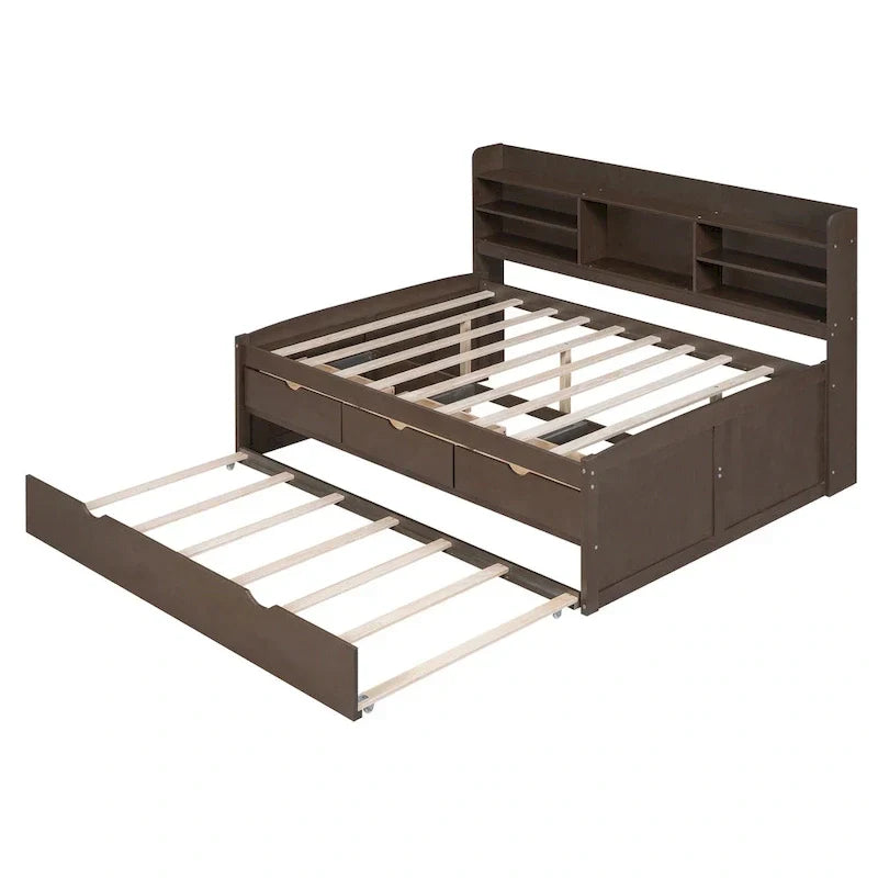 Antique Grey Full-Size Wooden Captain Bed with Built-in Bookshelves, Three Storage Drawers, and Trundle - image 8