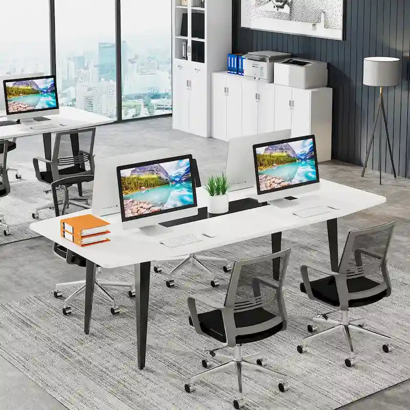 70.86-Inch White Boat-Shaped Office Desk with Sturdy Metal Legs - image 5