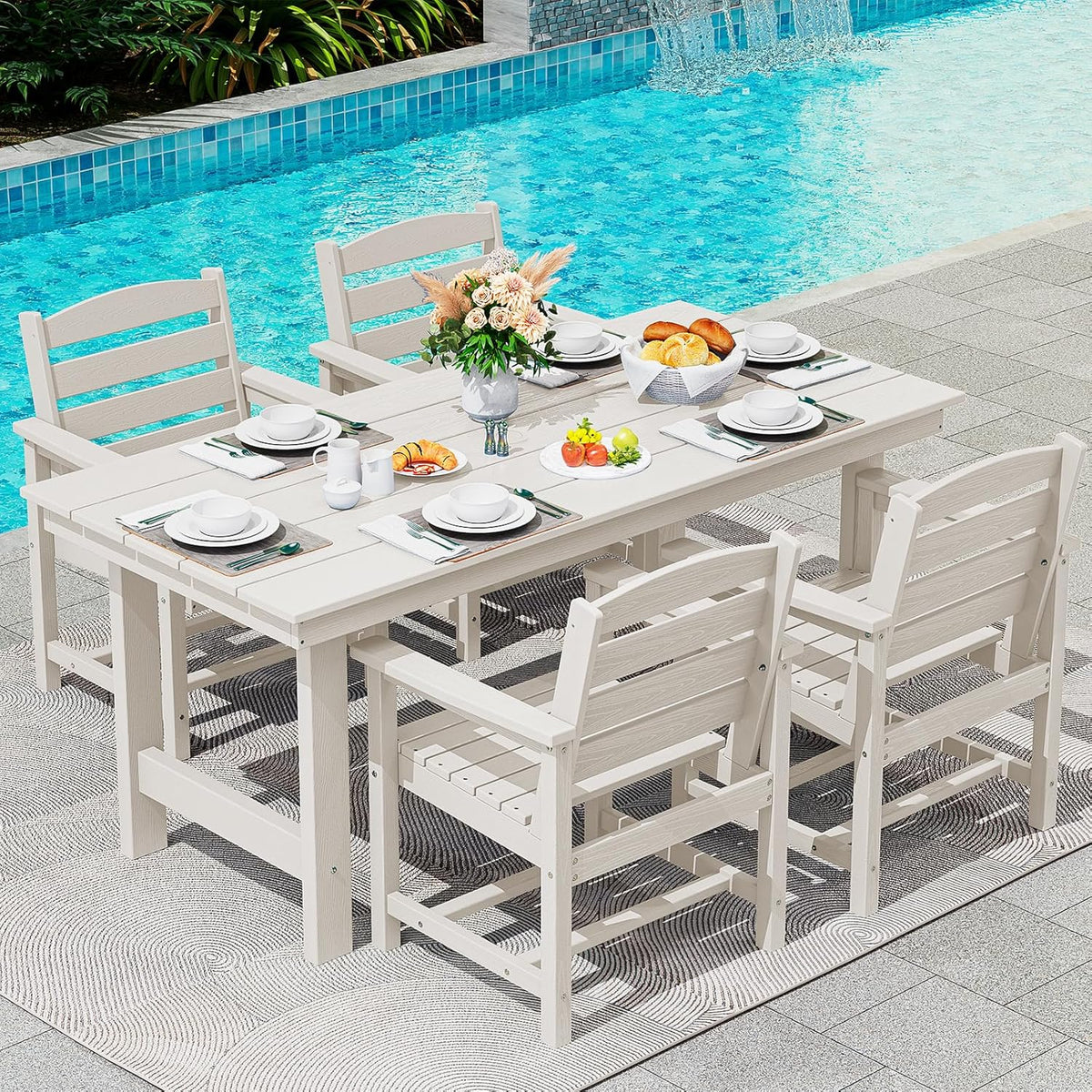 SERWALL 7-Piece Patio Table Set, Outdoor HDPE Dining Furniture with Umbrella Hole, All Weather Table and Chairs for Lawn, Garden, Poolside, Aruba - image 133