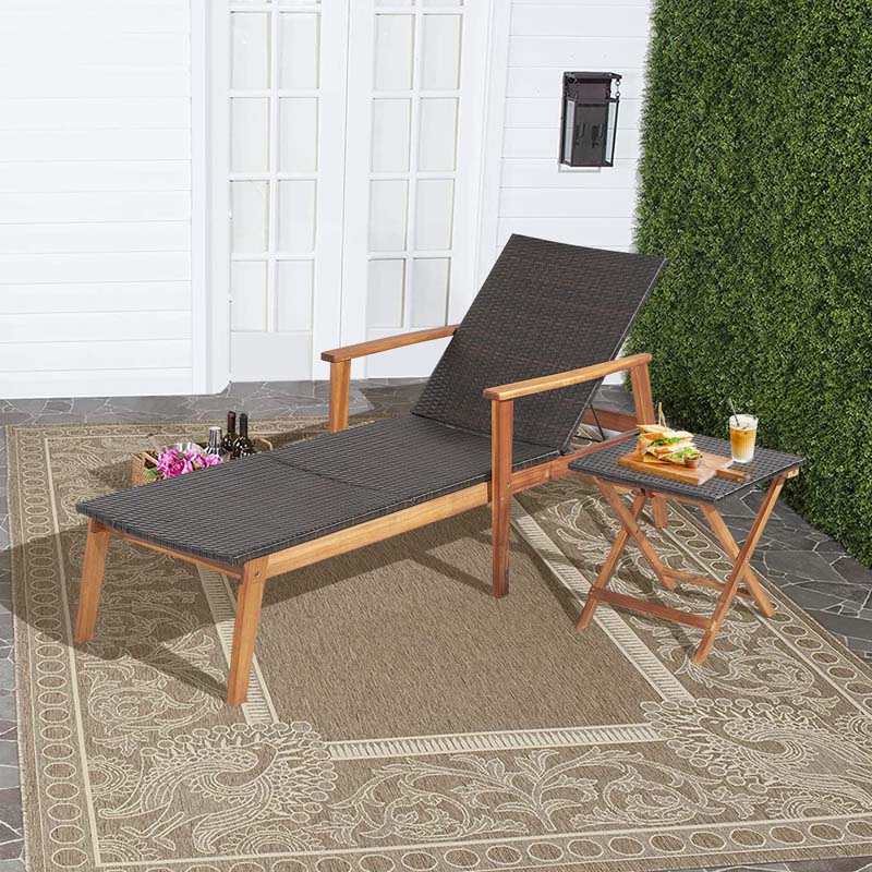 Acacia Wood Amp Rattan Patio Beach Outdoor Chaise Lounge Chairs Pool Sun Lounger Set With Folding Side Table - High Quality S