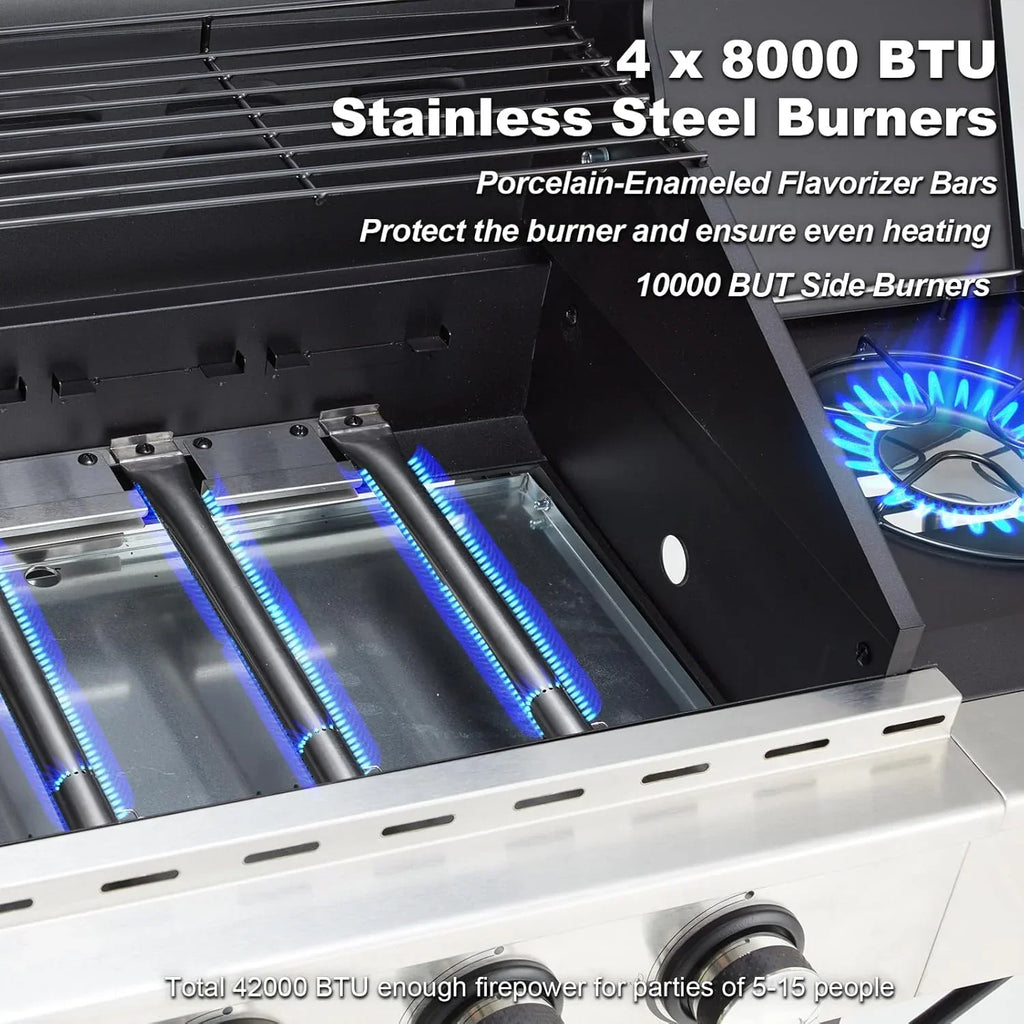 Upgraded 4 Burner BBQ Propane Gas Grill with Cast Iron Grates & Side Stove, 44,000 BTU Stainless Steel Burner Barbecue Grill 