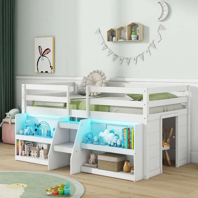 Kids Twin Size Loft Bed with LED Lights, Stairs & Safety Guardrail, Storage Bookcase and Under-bed Play Space - image 12