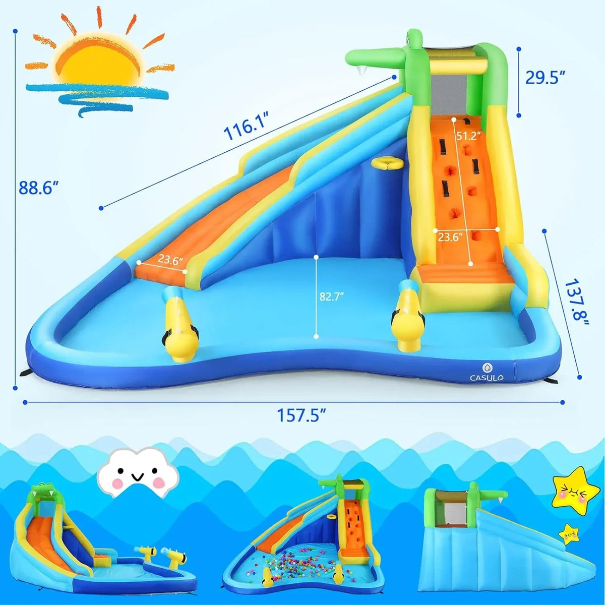 Inflatable Water Slides for Kids 8-in-1 Bounce House Water Park with 450W Blower Climbing Wall, Splash Pool, 2 Water Cannons,