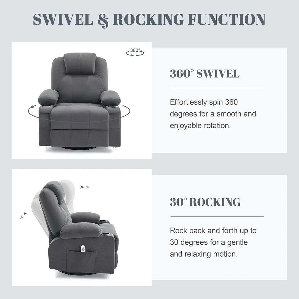 Oversized Swivel Rocker Recliner Chair with Heat and Massage, 360 Degree Swivel Rocking Single Sofa with Cup Holders and USB Port, Large Big Recliner Chair for Living Room (Leather, Brown) - image 26