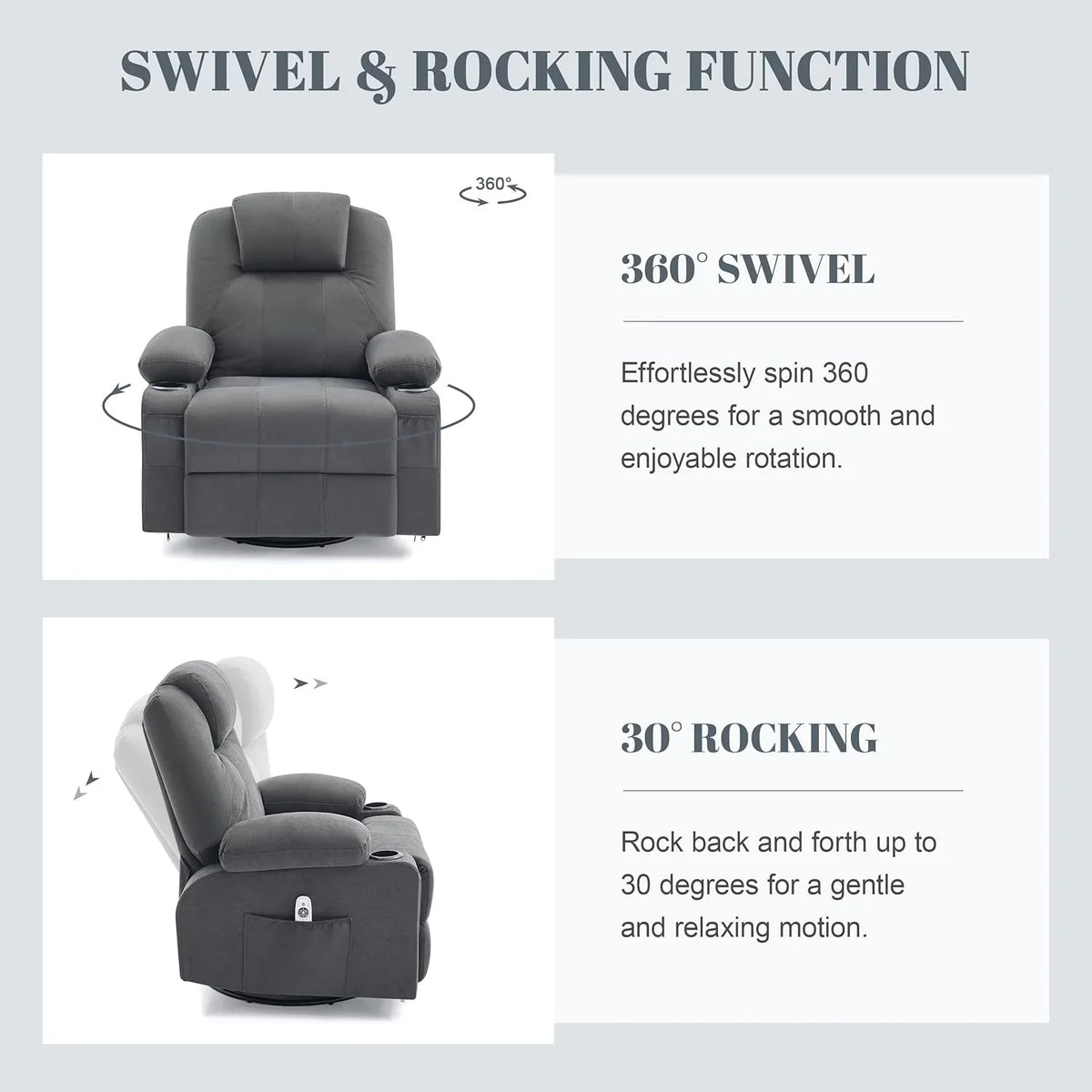 Oversized Swivel Rocker Recliner Chair with Heat and Massage, 360 Degree Swivel Rocking Single Sofa with Cup Holders and USB Port, Large Big Recliner Chair for Living Room (Leather, Brown) - image 26