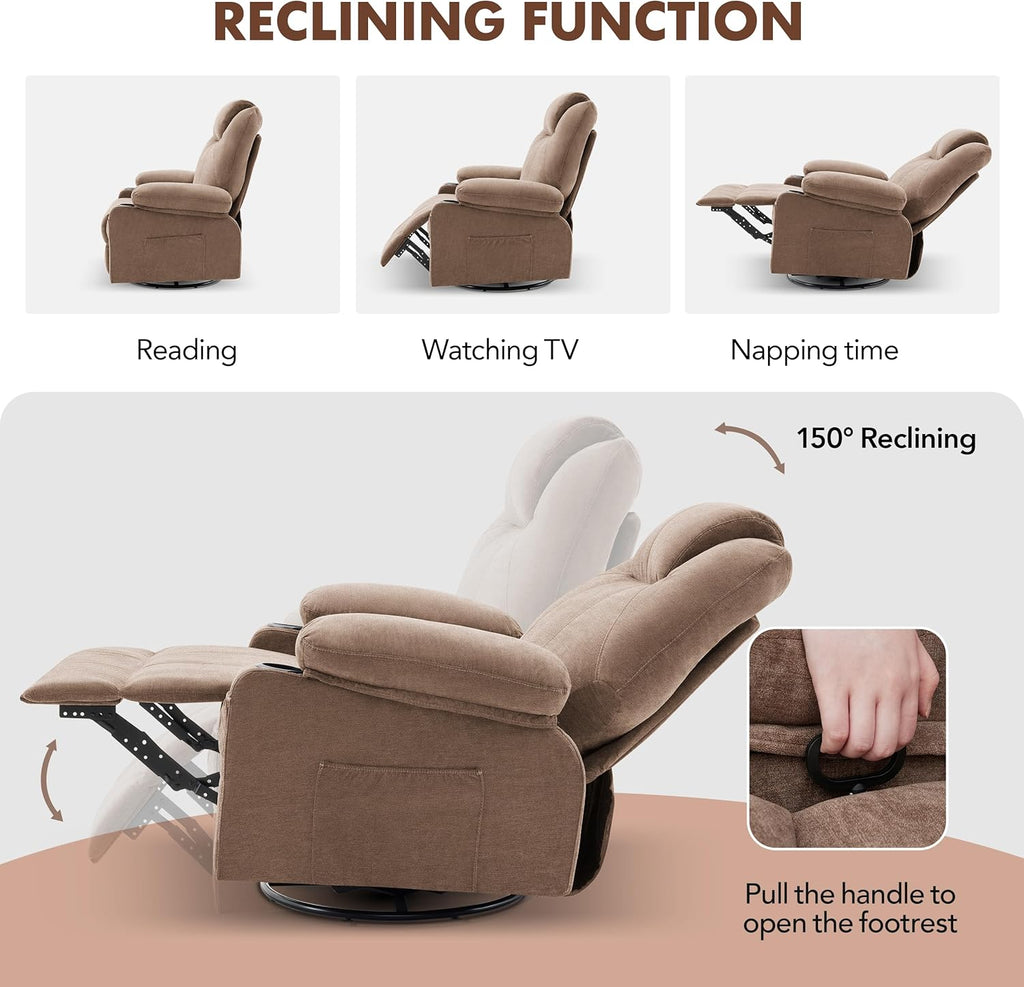 Oversized Swivel Rocker Recliner Chair with Heat and Massage, 360 Degree Swivel Rocking Single Sofa with Cup Holders and USB Port, Large Big Recliner Chair for Living Room (Leather, Brown) - image 9