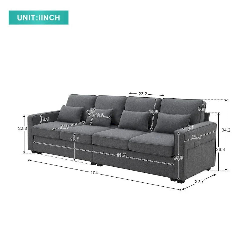 104-Inch Modern Linen Fabric Sofa for 4 with Armrest Pockets and 4 Cushions - image 5