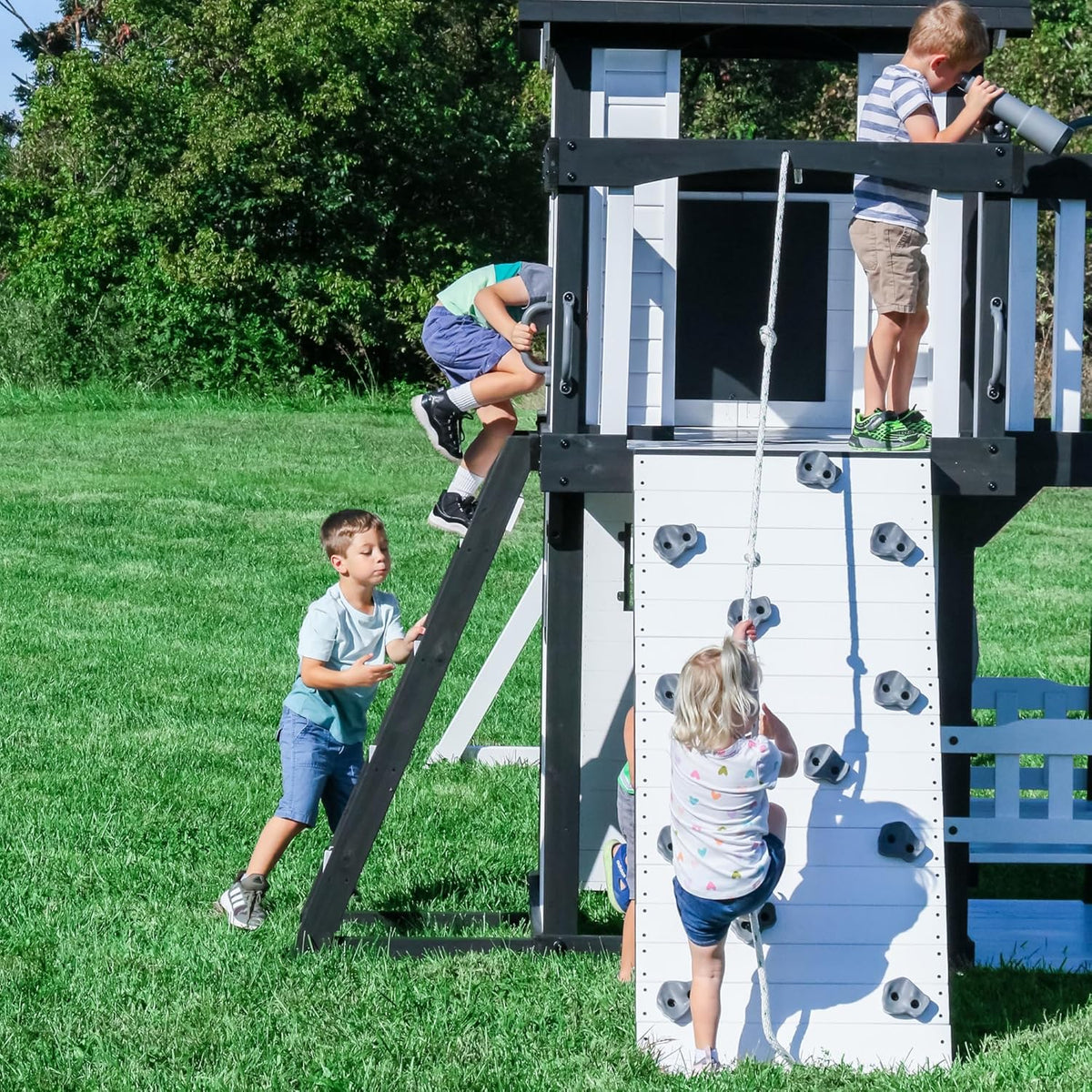 Backyard Discovery Canyon Creek Cedar Wood Swing Set with Wave Slide, Clubhouse, Play Kitchen, Picnic Area, Belt Swings, Web 