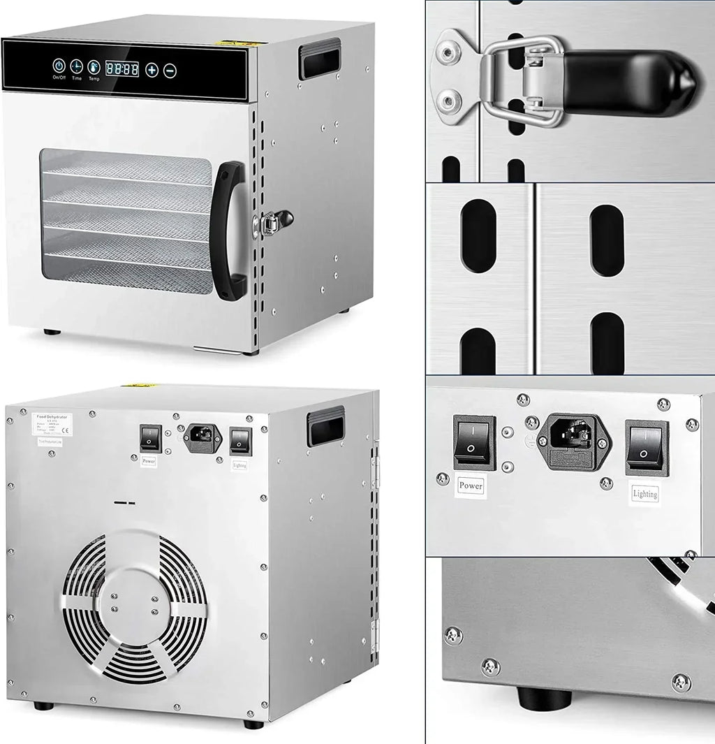 Tray Food Dehydrator, Steel Fruit Dry Machine with 30 90∼C Adjustable Thermostat, 24hr Digital Timer