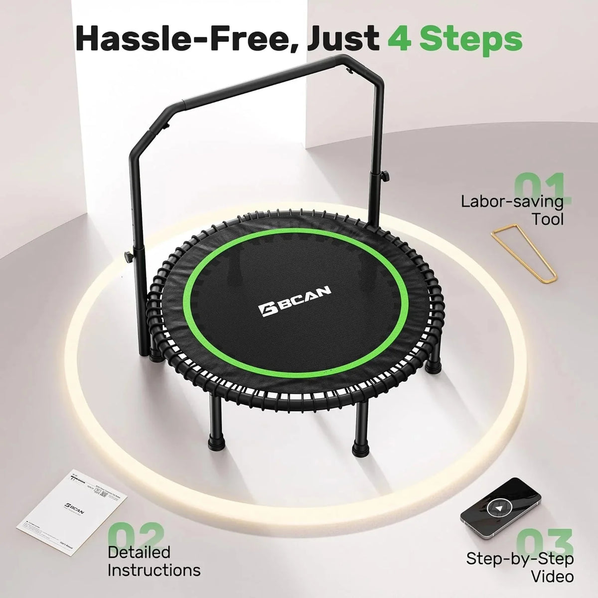 BCAN 450/550 LBS Foldable Mini Trampoline, 40"/48" Fitness Trampoline with Bungees, U Shape Adjustable Foam Handle, Stable & Quiet Exercise Rebounder for Adults Indoor/Outdoor Workout - image 32