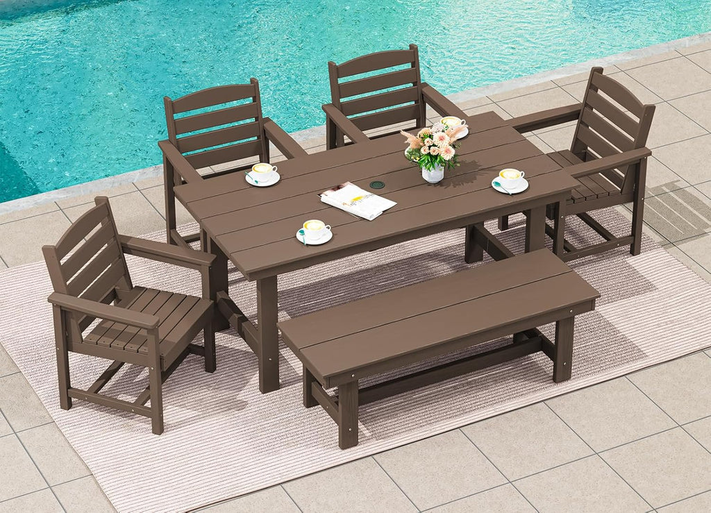 SERWALL 7-Piece Patio Table Set, Outdoor HDPE Dining Furniture with Umbrella Hole, All Weather Table and Chairs for Lawn, Garden, Poolside, Aruba - image 14