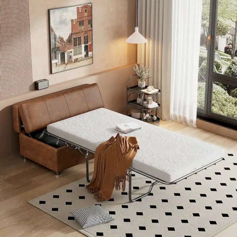 Twin Size Folding Pull out Ottoman Sleeper Bed with Mattress Convertible Guest Bed, PU Upholstered Sleeper Sofa - image 2