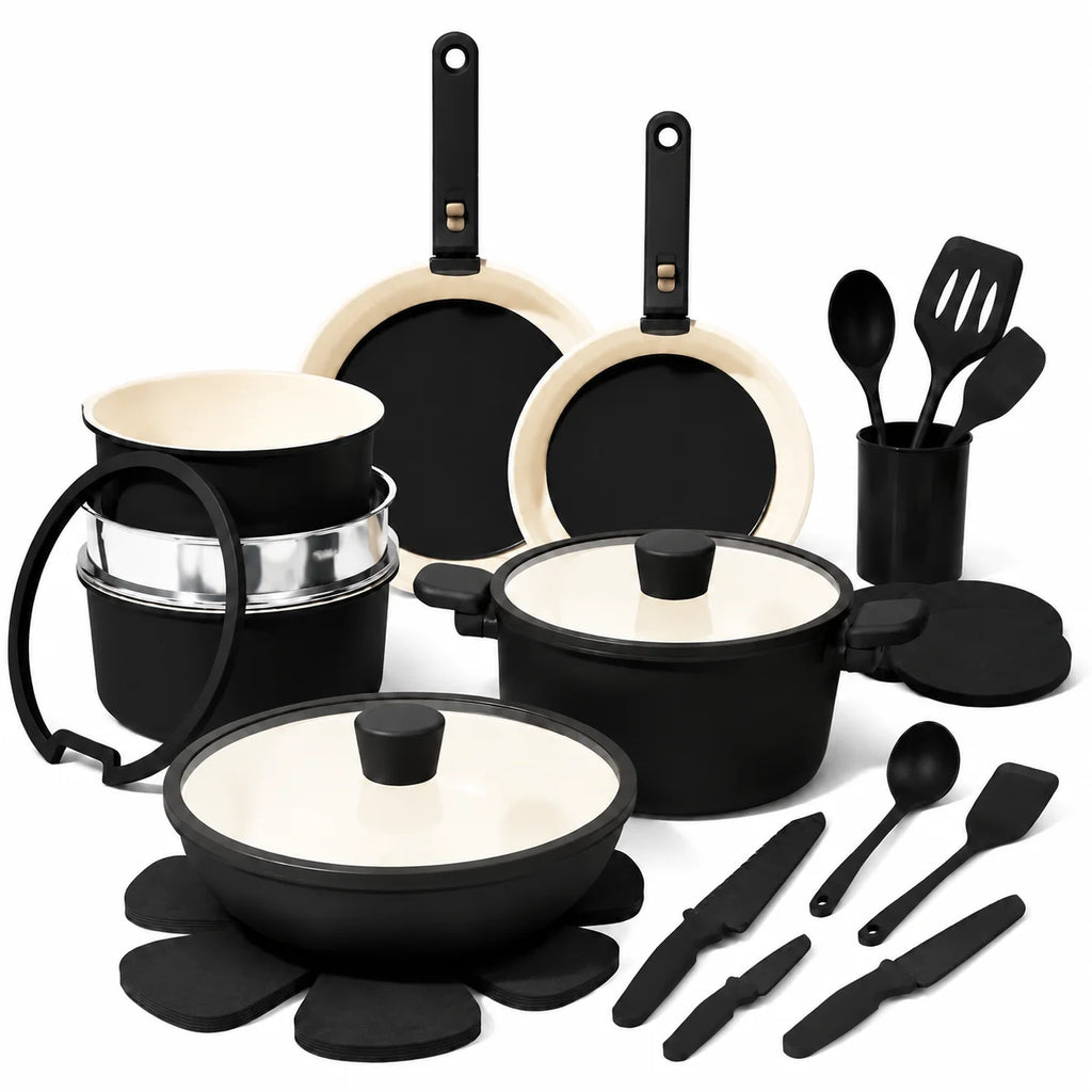 33 PCS Ceramic Cookware Set Nonstick Pots Pans Detachable Handles Induction Dishwasher Safe Black - image 1