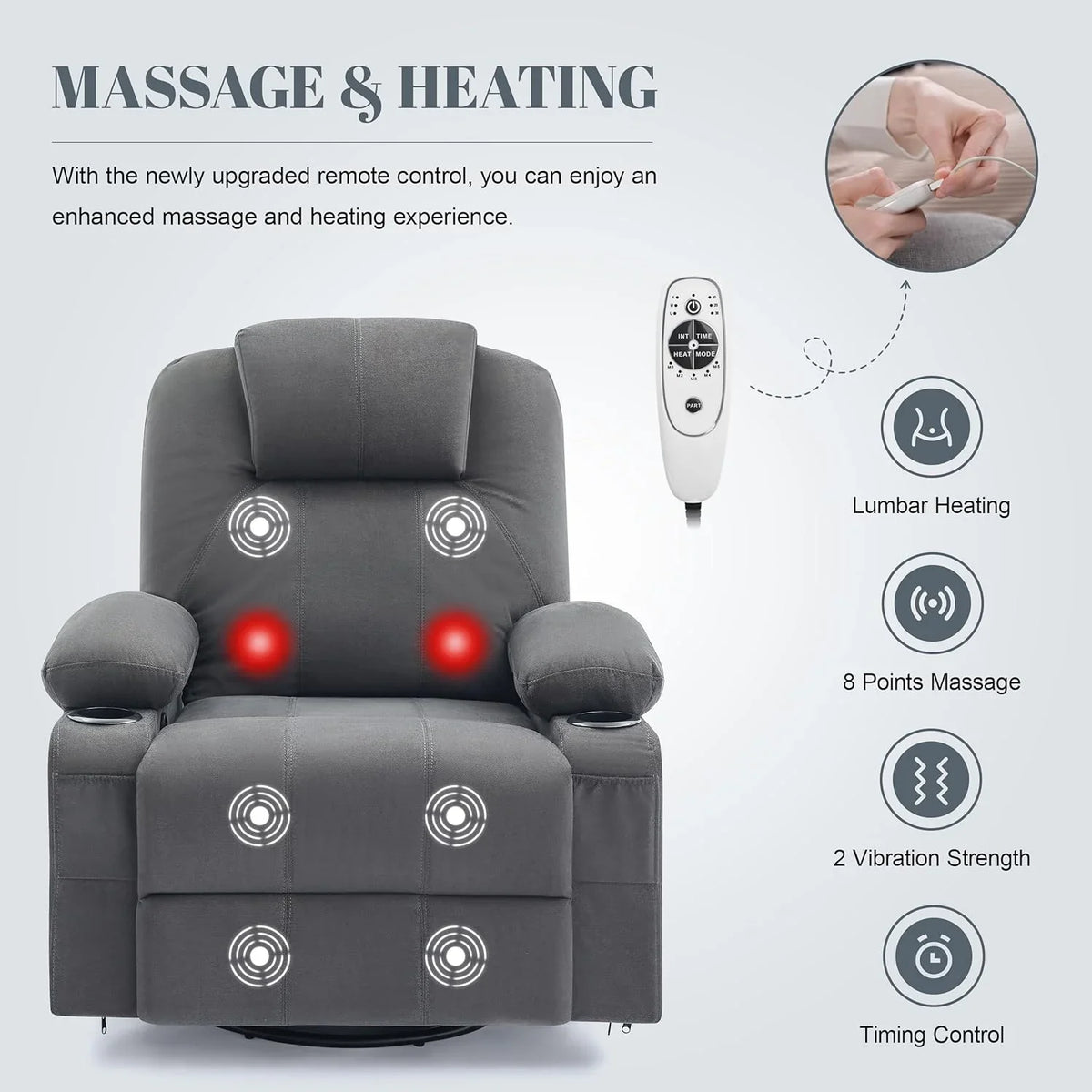 Oversized Swivel Rocker Recliner Chair with Heat and Massage, 360 Degree Swivel Rocking Single Sofa with Cup Holders and USB Port, Large Big Recliner Chair for Living Room (Leather, Brown) - image 46