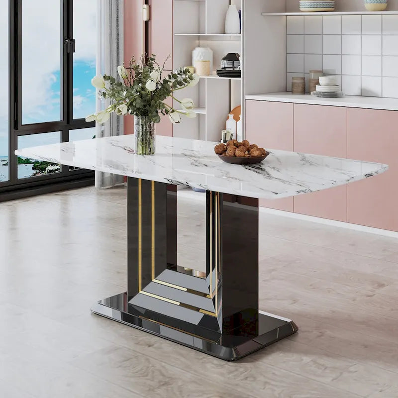 Elegant Dining Table with White Imitation Marble Top, Black MDF Legs Featuring Gold Accents, and a Stylish Black Base - image 2